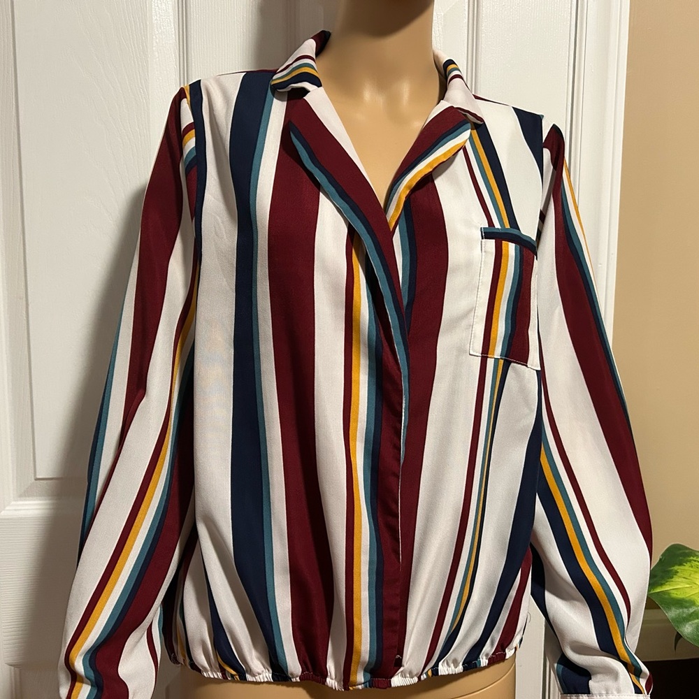 Ups & Downs Long Sleeve Burgundy Striped Blouse ~ 100% Polyester ~ Size Large